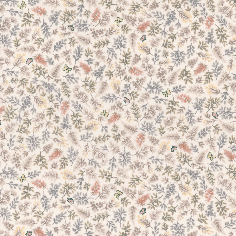 Light peach fabric featuring an assortment of leaves, flowers, and butterflies
