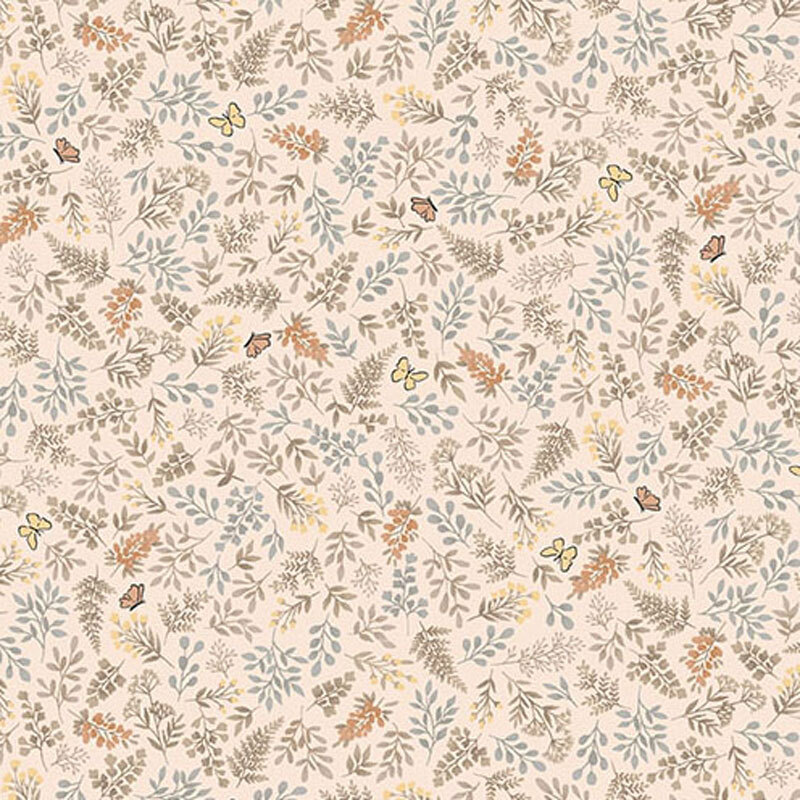 Light peach fabric featuring an assortment of leaves, flowers, and butterflies