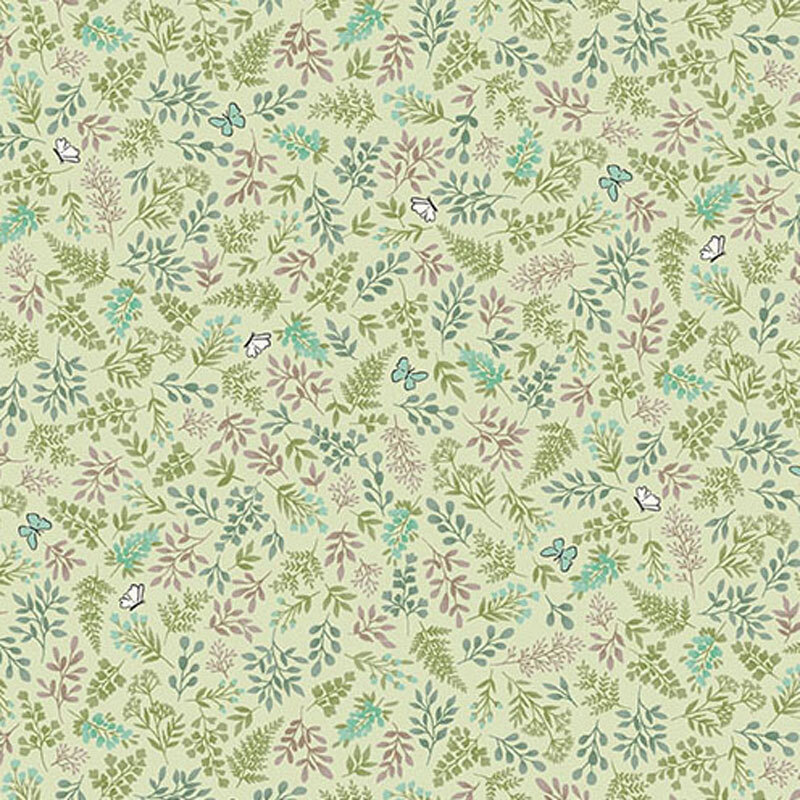Light green fabric featuring an assortment of leaves, flowers, and butterflies