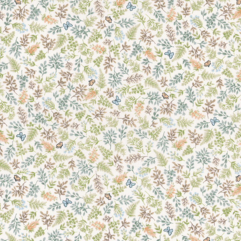 Cream fabric featuring an assortment of leaves, flowers, and butterflies