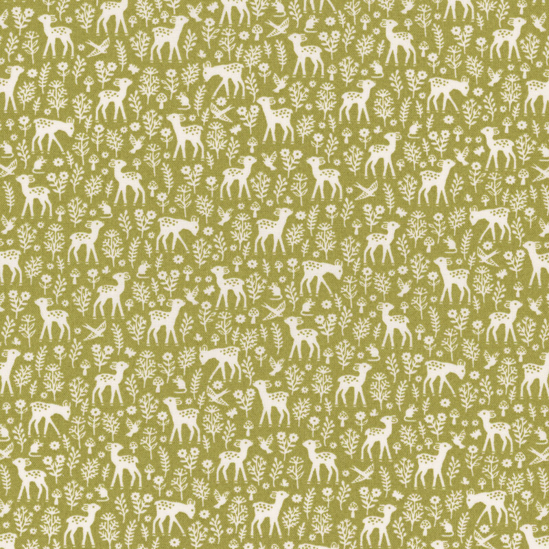 A repeating pattern of white deer, birds, and flowers on a green background.