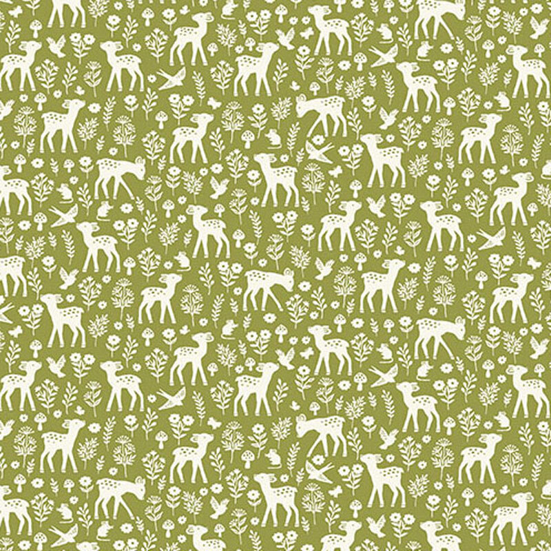 A repeating pattern of white deer, birds, and flowers on a green background.