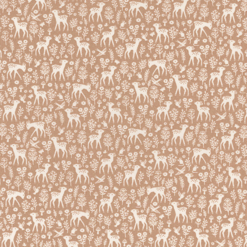 A repeating pattern of white deer, birds, and flowers on a light brown background.