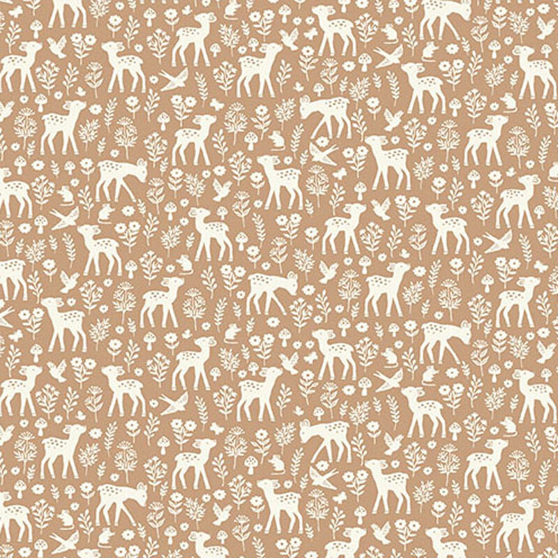 A repeating pattern of white deer, birds, and flowers on a light brown background.