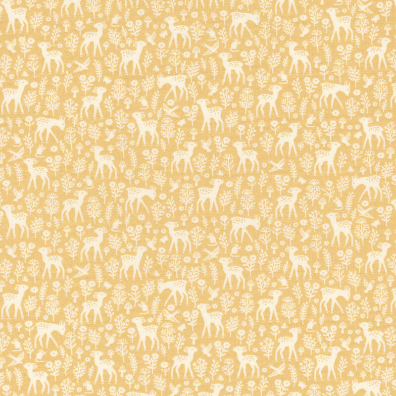 A repeating pattern of white deer, birds, and flowers on a yellow background.