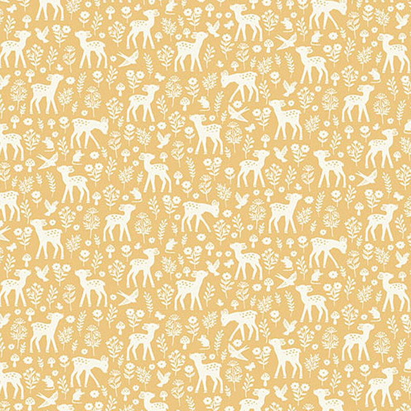 A repeating pattern of white deer, birds, and flowers on a yellow background.