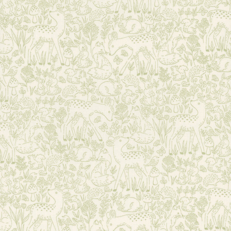 Cream fabric with green hand-drawn-style illustrations of deer, rabbits, hedgehogs, flowers, and mushrooms.