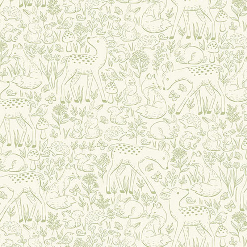 Cream fabric with green hand-drawn-style illustrations of deer, rabbits, hedgehogs, flowers, and mushrooms.