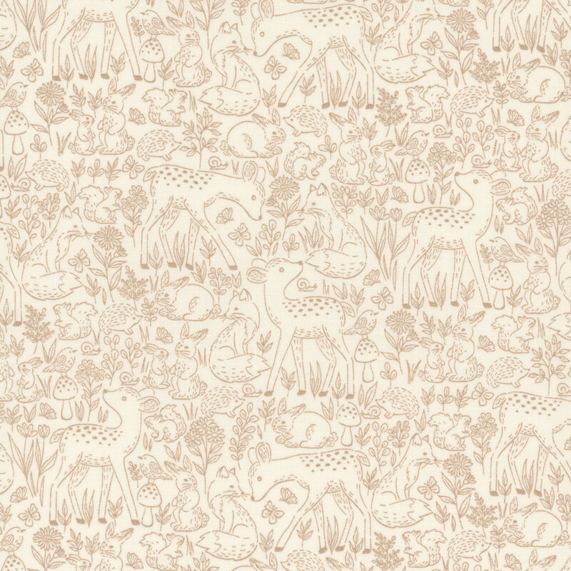 Cream fabric with brown hand-drawn-style illustrations of deer, rabbits, hedgehogs, flowers, and mushrooms.