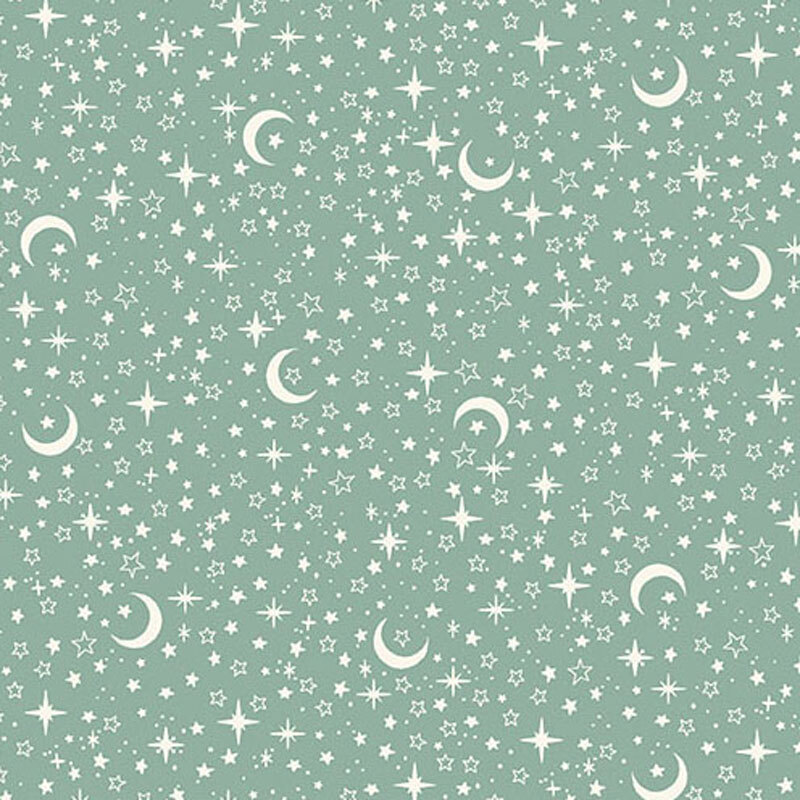 Light teal fabric with a pattern of stars and moons.