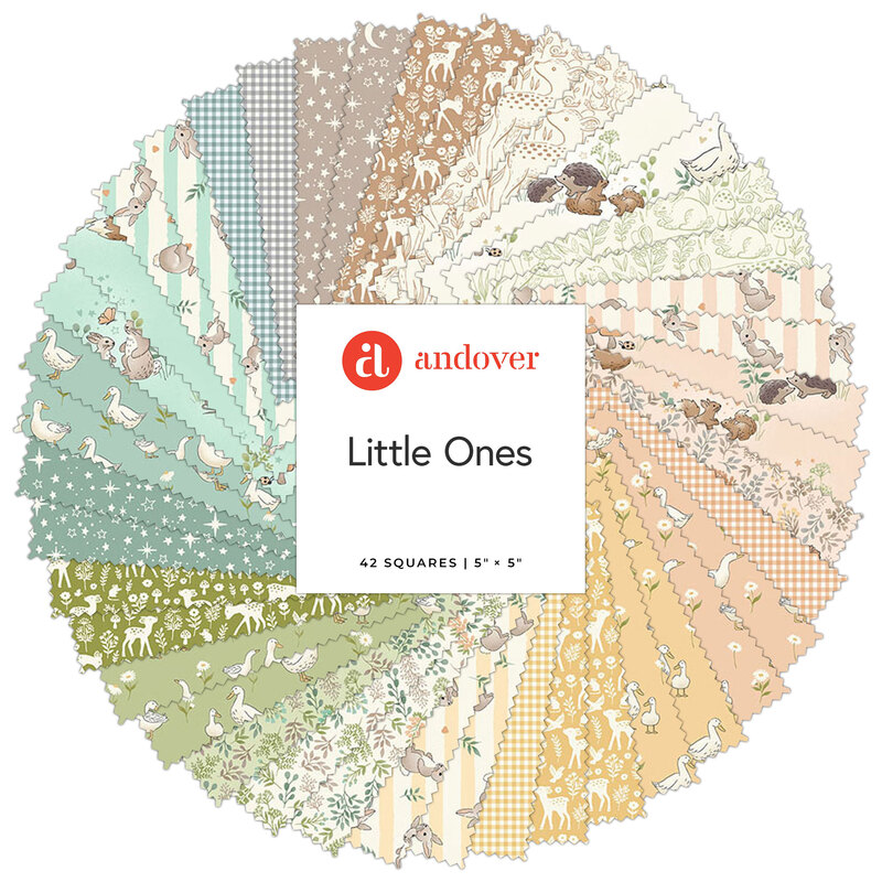 A collage of fabrics from the Little Ones Charm Pack featuring woodland prints in a soft palette of colors.