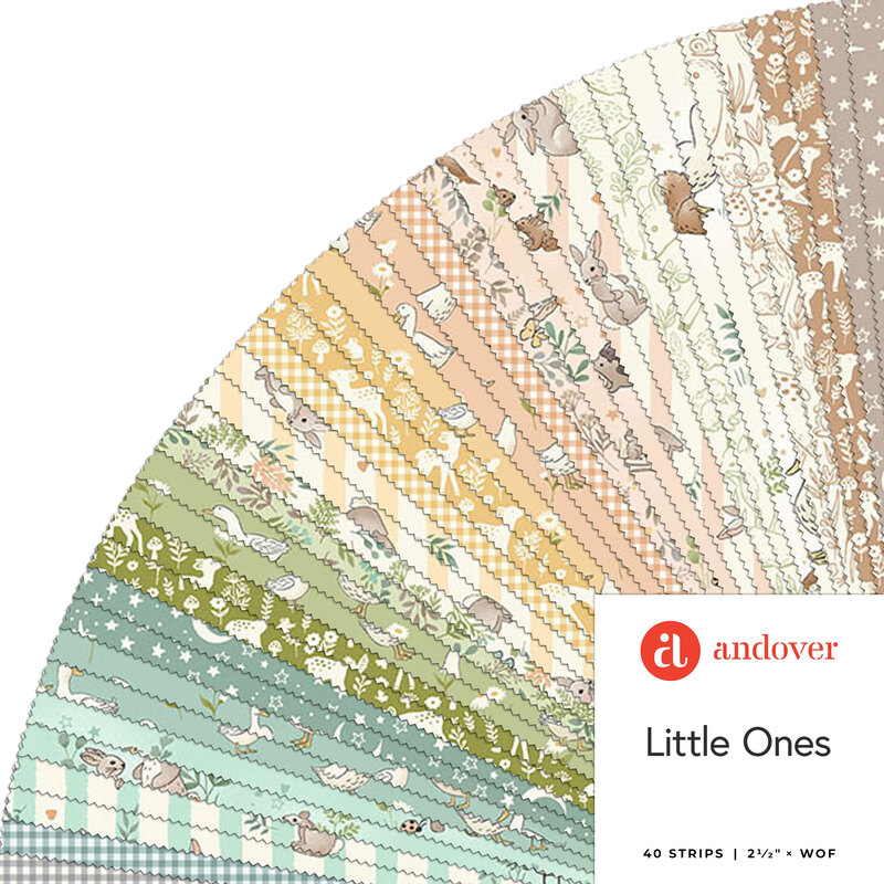 A collage of fabrics from the Little Ones Jelly Roll featuring woodland prints in a soft palette of colors.