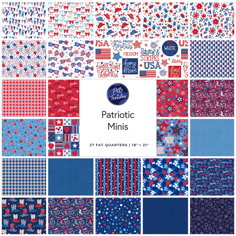 A collection of patriotic fabric patterns in red, white, and blue, featuring stars, stripes, and motifs.
