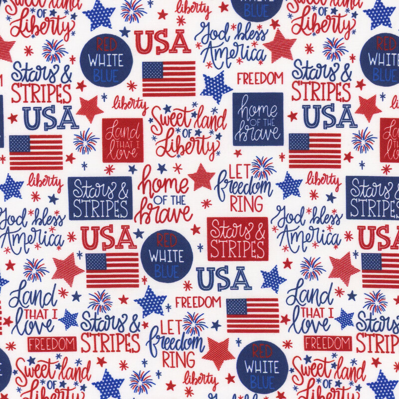 Pattern of patriotic phrases and symbols in red, white, and blue, featuring stars and the American flag.