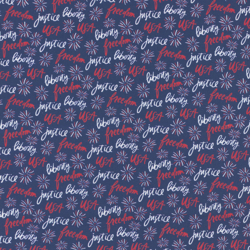 Pattern featuring the words liberty, freedom, justice, and USA with starburst designs on a navy fabric.