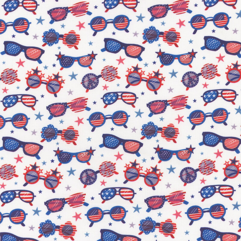Fabric featuring sunglasses, beach balls, and stars in red, white, and blue.