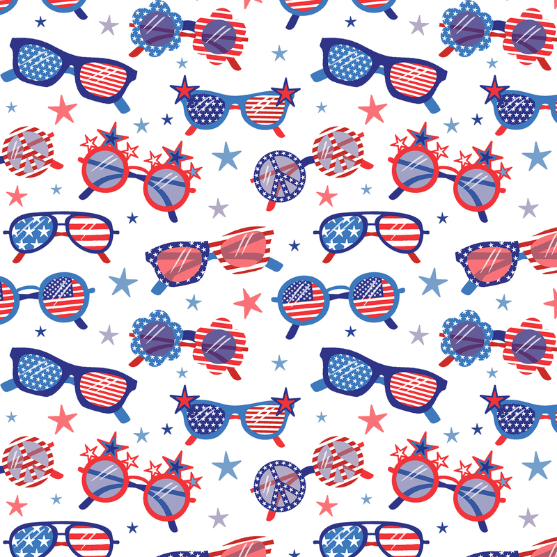Fabric featuring sunglasses, beach balls, and stars in red, white, and blue.