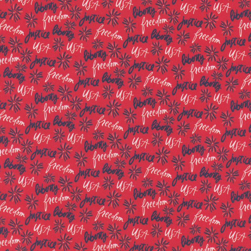 Pattern featuring words like USA, freedom, justice, and liberty, with fireworks, on a red fabric.