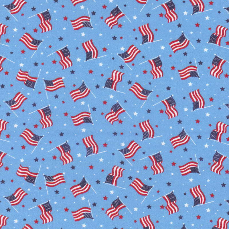 Pattern of American flags and stars on a blue fabric.