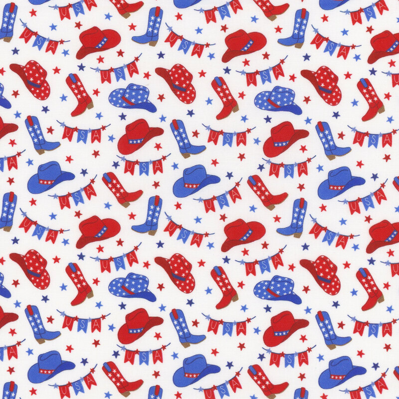 A repetitive pattern of red and blue cowboy hats, boots, and USA banners on a white fabric.