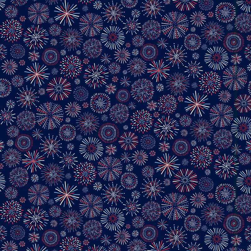A repeating pattern of colorful fireworks in red, white, and blue against a dark navy fabric.