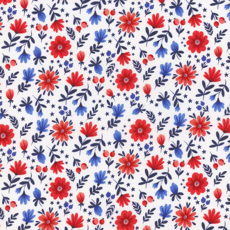 A floral pattern featuring red and blue flowers, leaves, and small stars on a white fabric.