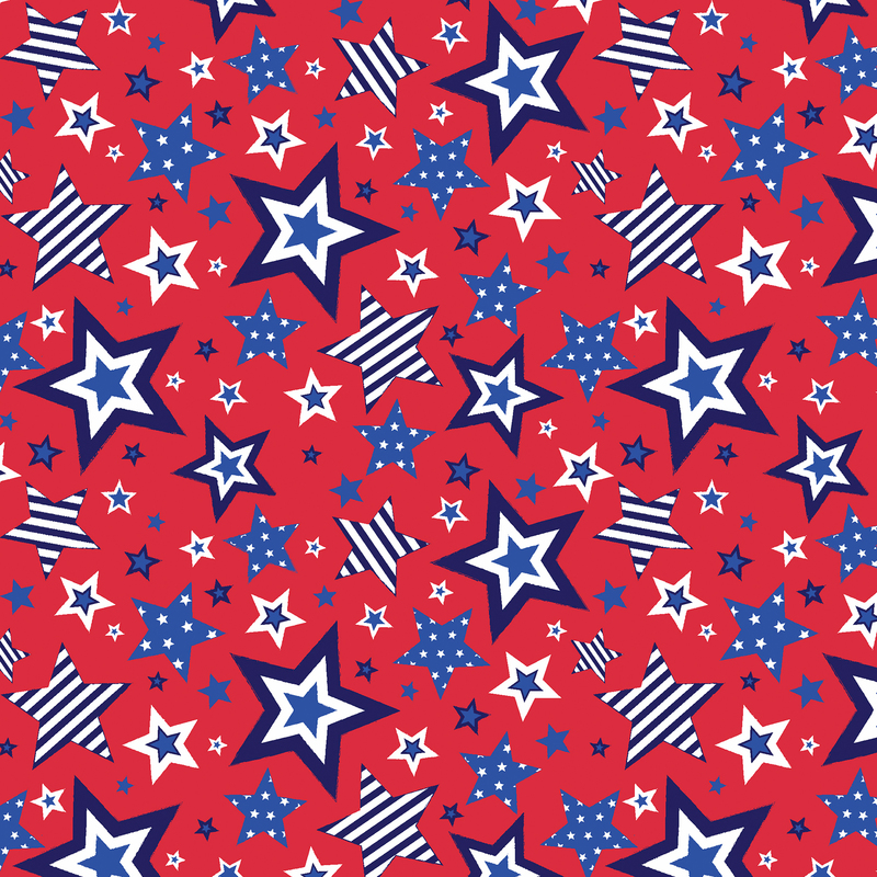 Red fabric with various stars in blue and white, featuring different patterns and sizes.
