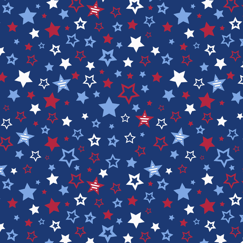 A blue fabric filled with various stars in red, white, and light blue colors.