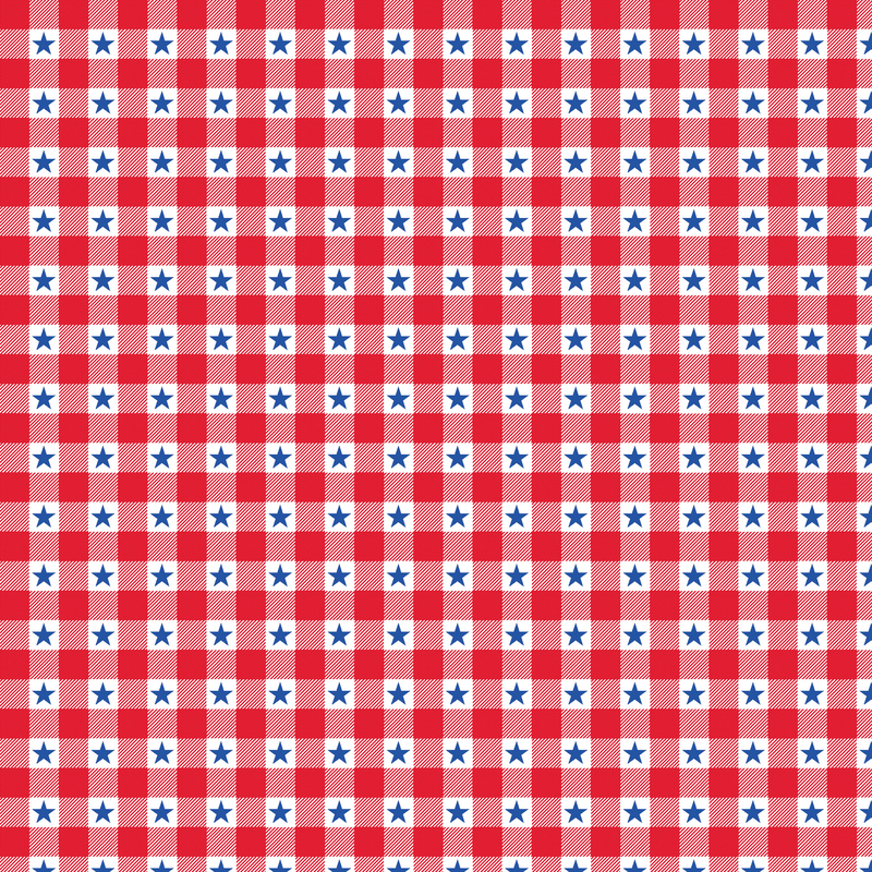 A repeating gingham pattern of red and white squares with blue stars on a white fabric.