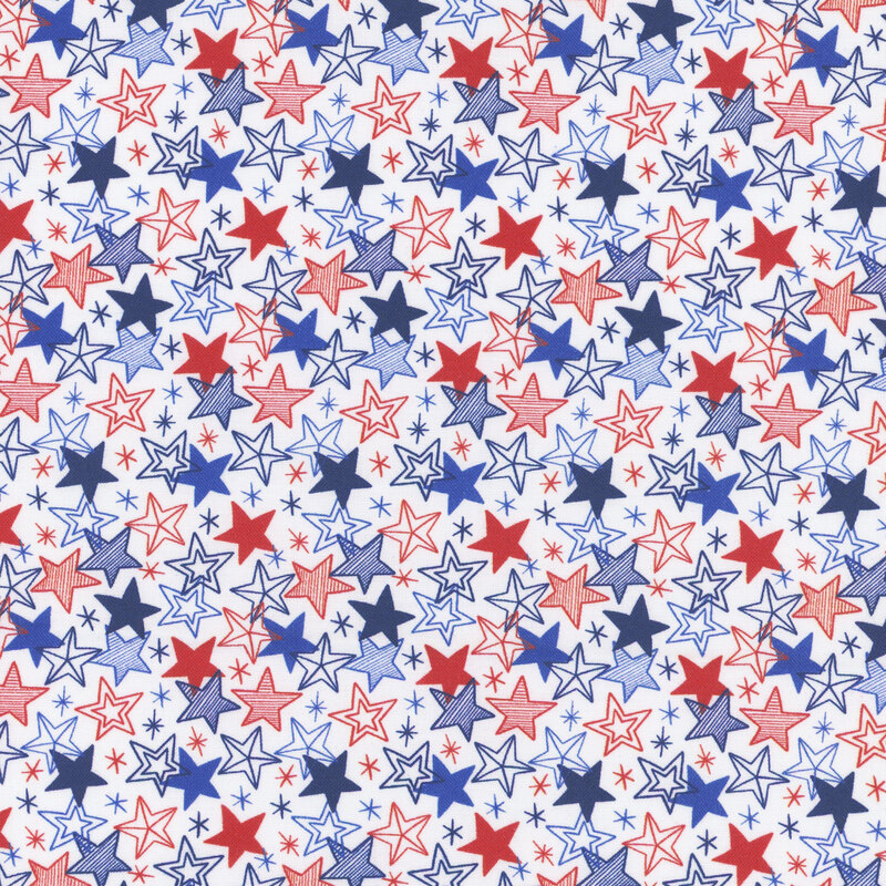 Repeating pattern of red, white, and blue stars on a white fabric.