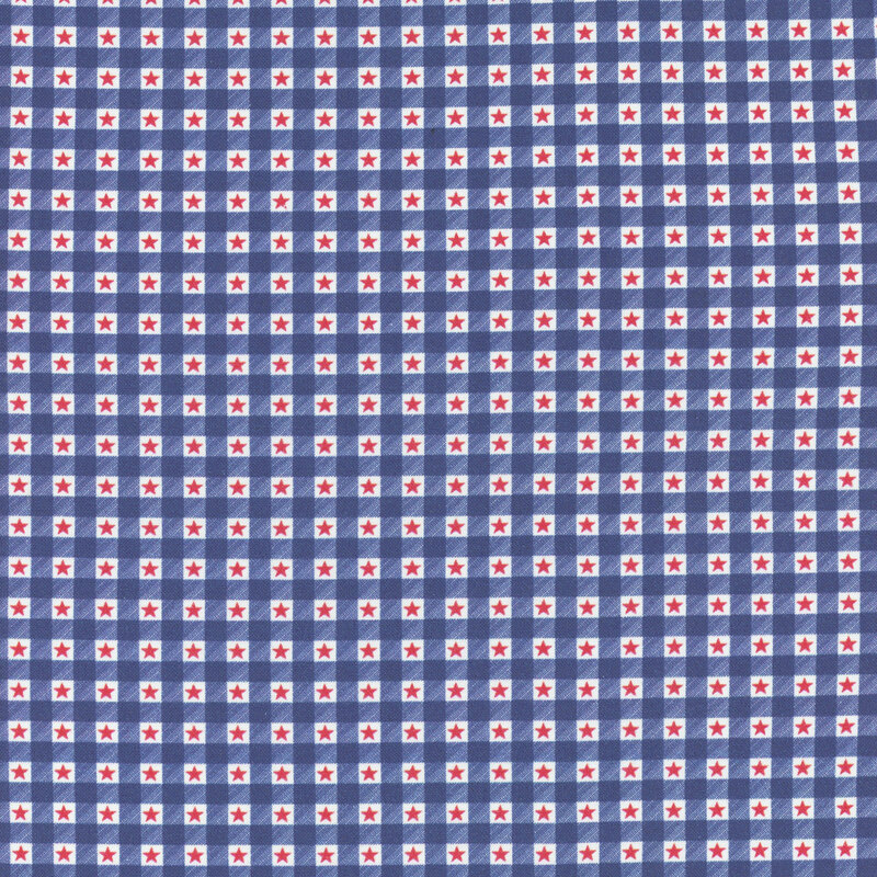 Pattern of alternating blue and white squares with red stars on a white fabric.