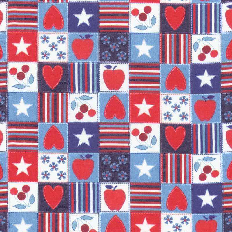 Colorful patchwork fabric pattern featuring apples, hearts, stars, and floral designs in red, white, and blue.