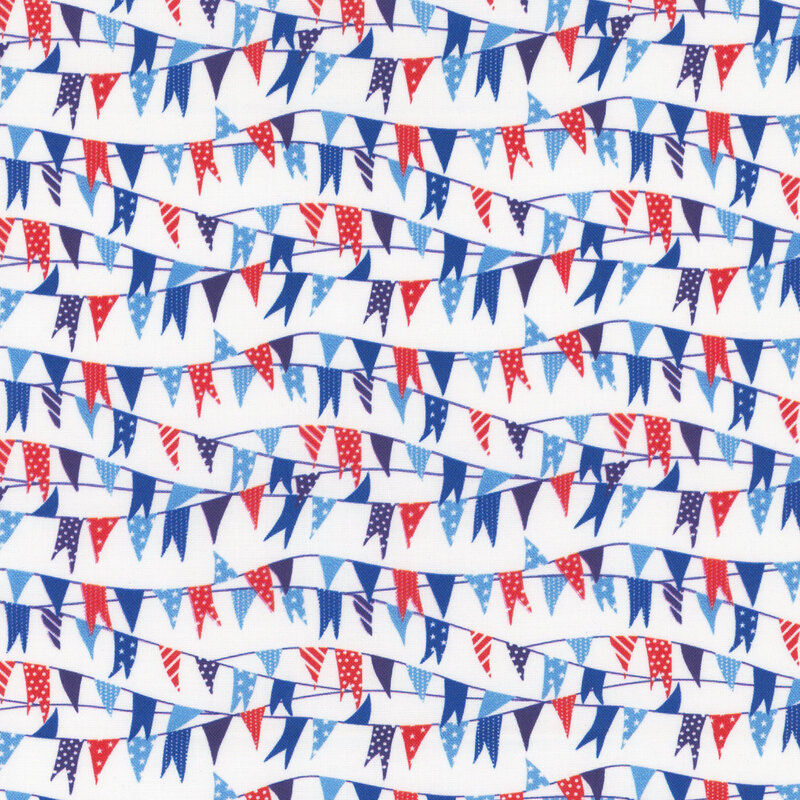 Colorful bunting flags in red, blue, and white arranged in a wavy pattern on a white fabric.