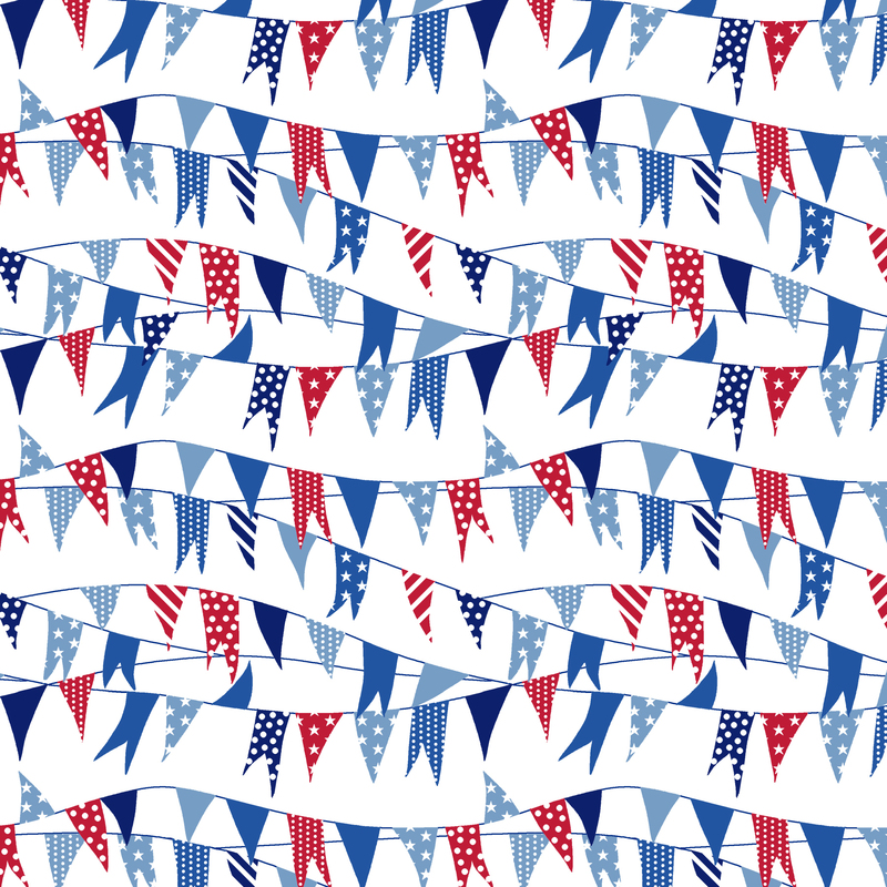 Colorful bunting flags in red, blue, and white arranged in a wavy pattern on a white fabric.
