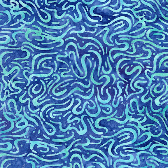 A mottled royal blue batik with dark mottling and teal squiggly lines.
