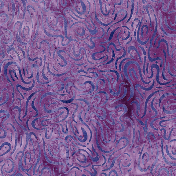 A mottled grape purple batik with dark tonal mottling and eggplant purple squiggly lines.