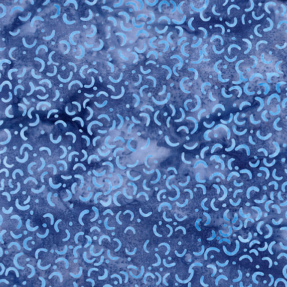 Mottled French blue batik swatch with cornflower blue macaroni shapes and scattered dots.