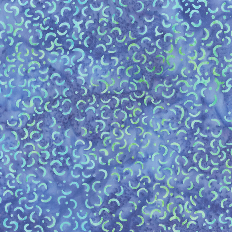 Mottled indigo batik swatch with spring green and aqua macaroni shapes and scattered dots.