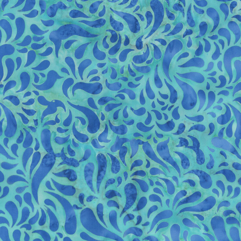 Mottled teal batik swatch with elongated blue raindrop shapes.