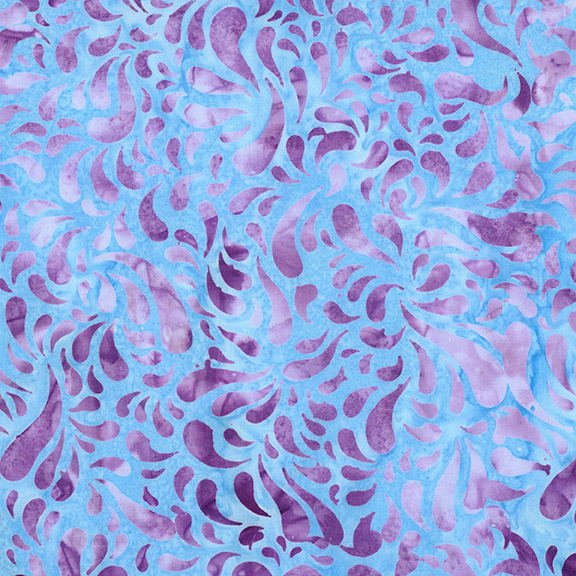 Mottled periwinkle blue batik swatch with elongated pruple raindrop shapes.