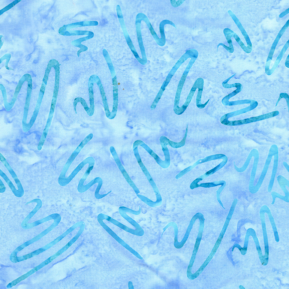 Mottled light blue batik swatch with tossed teal squiggles.
