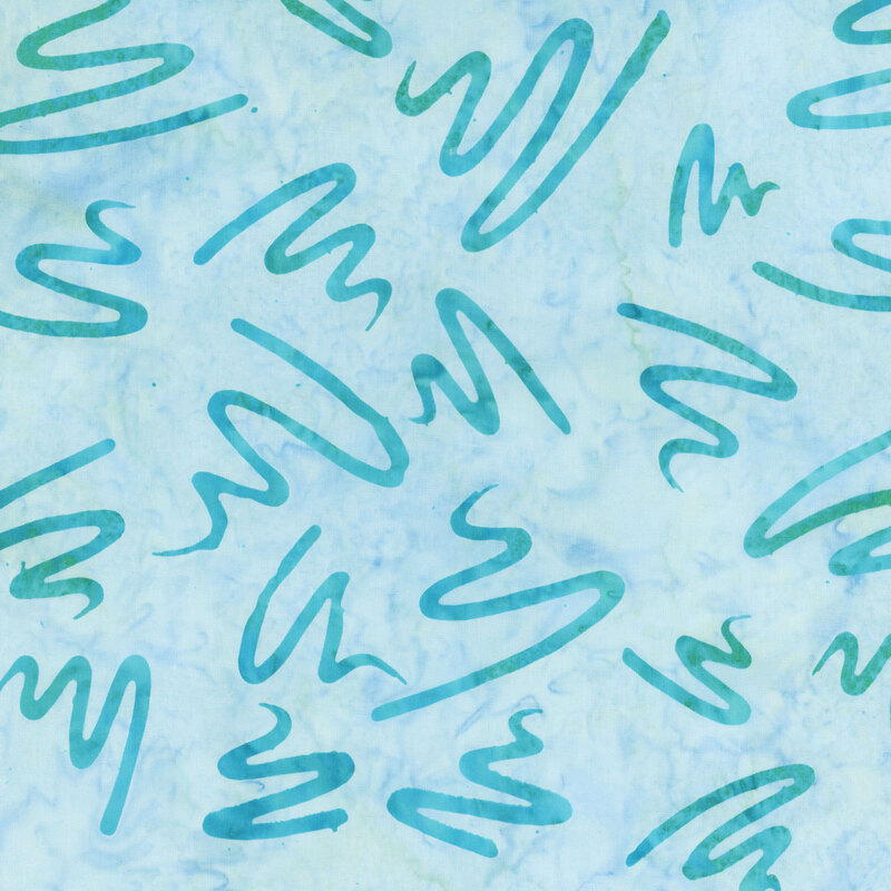 Mottled light blue batik swatch with tossed teal squiggles.