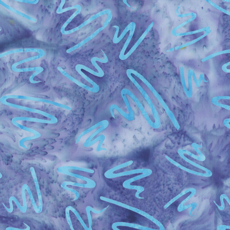Mottled indigo batik swatch with tossed periwinkle blue squiggles.