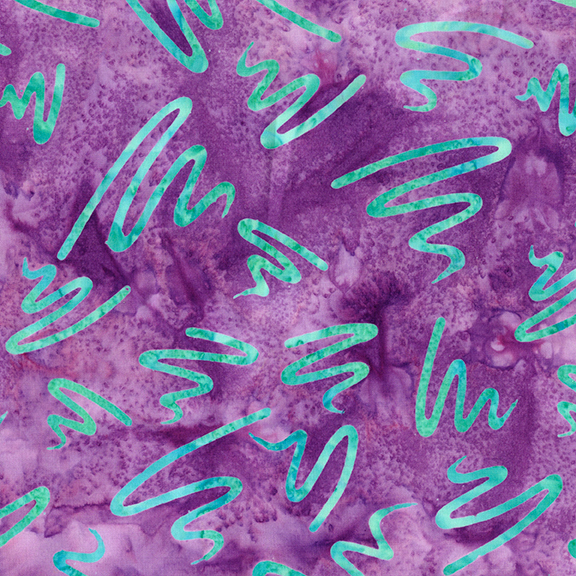 Mottled grape purple batik swatch with tossed teal squiggles.