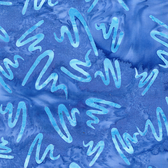 Mottled royal blue batik swatch with tossed sky blue squiggles.