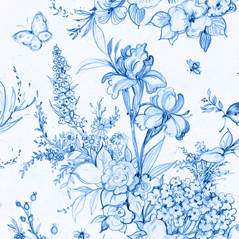 Blue floral pattern featuring various flowers, butterflies, and bees on a crisp white background