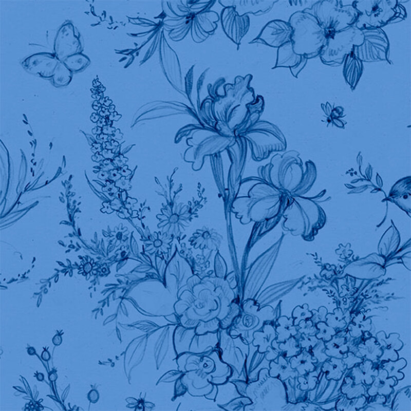 Blue floral pattern featuring various flowers, butterflies, and bees