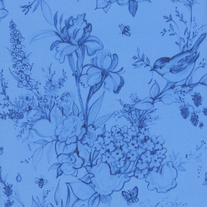 Blue floral pattern featuring various flowers, butterflies, and bees