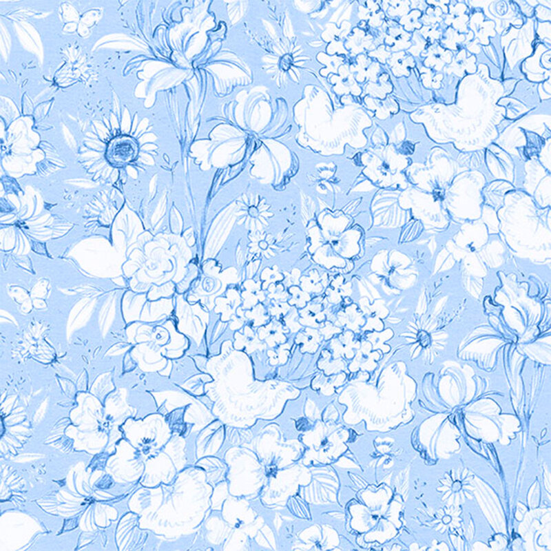 Light blue floral pattern featuring various flowers and butterflies in a hand drawn style.