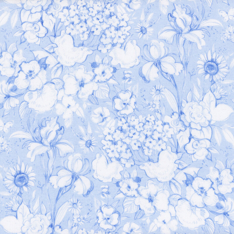 Light blue floral pattern featuring various flowers and butterflies in a hand drawn style.